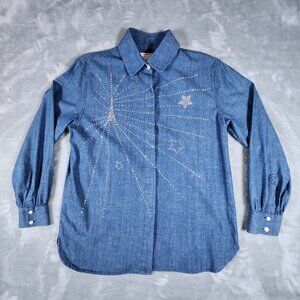 Karl Lagerfeld Paris Denim Shirt Small Rhinestone Star Eiffel Tower Embellished